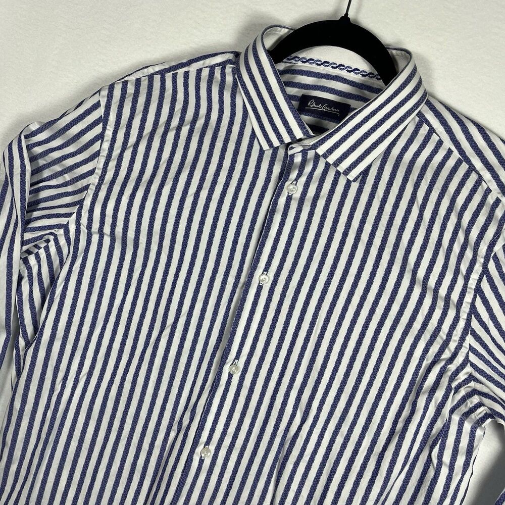 Robert Graham Shirt Mens 43 17 Tailored Blue White Stripe Paisley Contrast Cuff